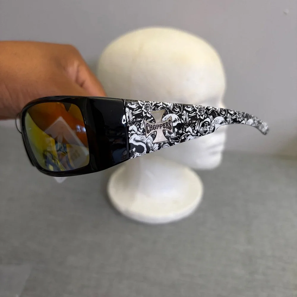Choppers Sunglasses Mens OS Black 6775-YLW Skull Print Mirrored Y2K Biker Shades